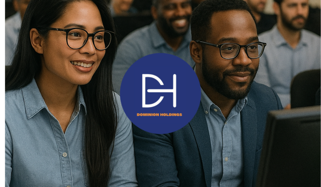 Diverse professionals taking psychometric tests in a Johannesburg office setting with Dominion Psych & Wellness branding.