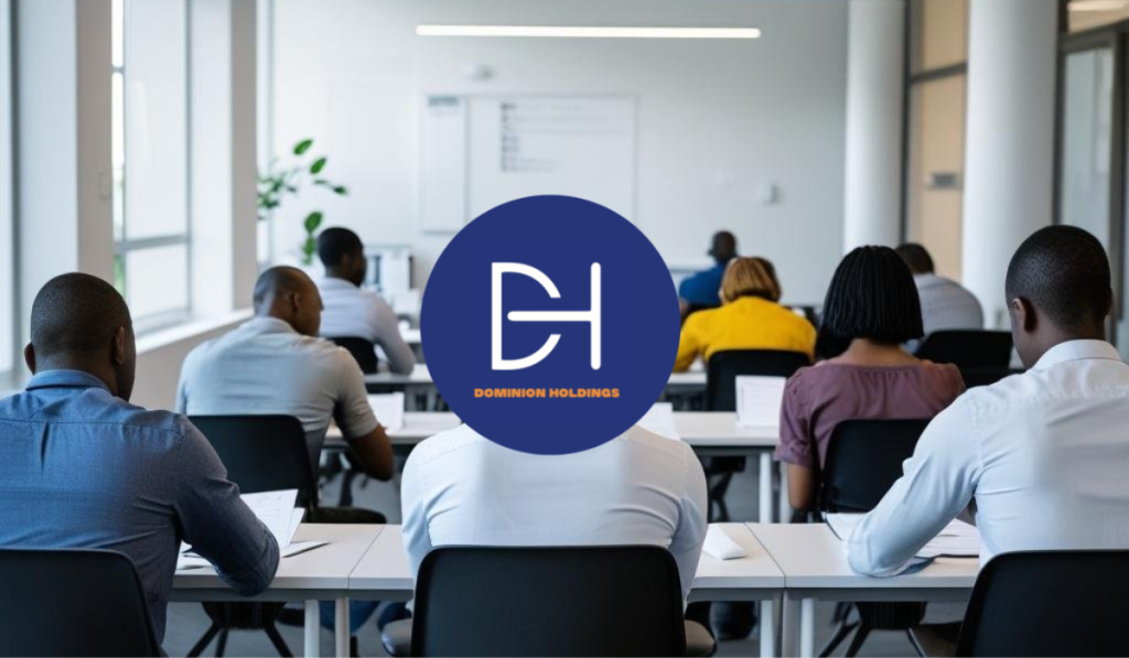 Candidates writing a psychometric assessment test in a professional setting, representing Dominion Holdings' psychometric testing and evaluation services