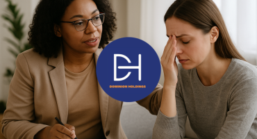 A professional therapist offering support to a stressed client during a counseling session.