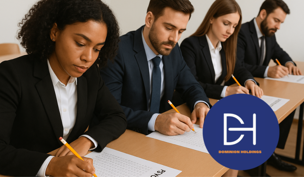 A psychologist at Dominion Psych provides tailored psychometric testing, reviewing personalized results with a client in a professional office surrounded by charts and assessment forms
